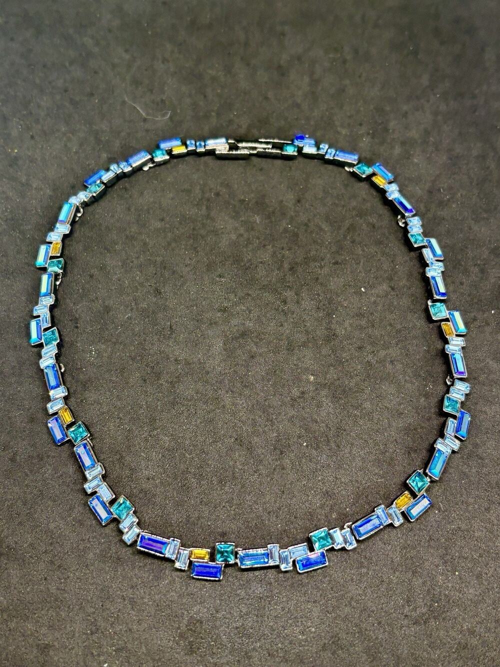Vintage Givenchy Blue AB Aurora Baguette Rhinestone Geometric Choker Necklace